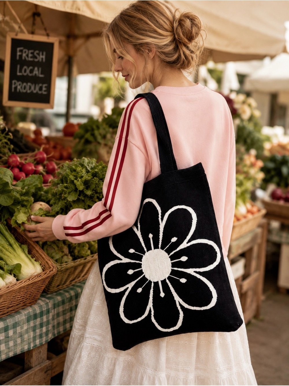Vintage Floral Print Boho Knit Crochet Tote Bag - Picture 3 of 8